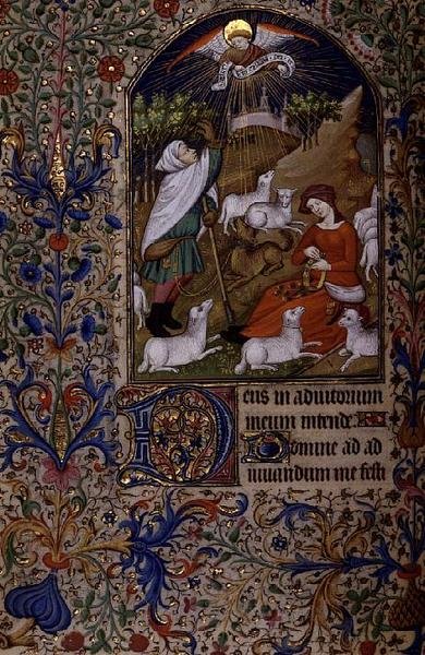 Angelo appare a un pastore, una donna siede facendo una ghirlanda, da un Libro d