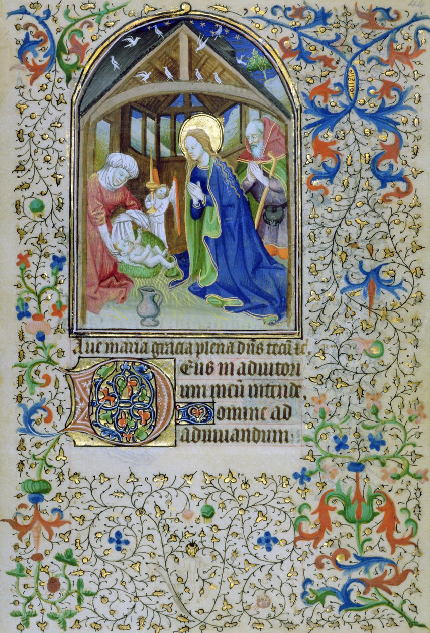 La Vergine e Giuseppe adorano il Cristo neonato, da un Libro d