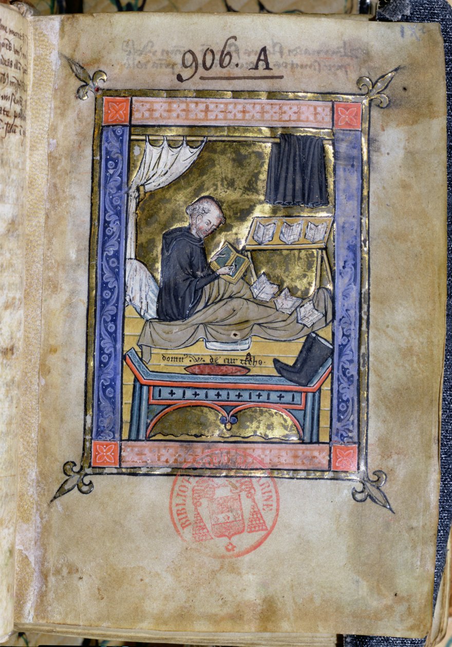 Ms 753 Fol.9 Monaco che scrive nel suo letto, da Flores Bernardi di Guillaume de Tournai da French School