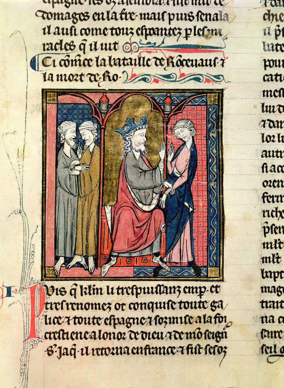 Carlo Magno (742-814) invia Ganelon ai re di Saragozza, Marsilio e Baligante, dalle Cronache di Saint-Denis, c.1275 da French School