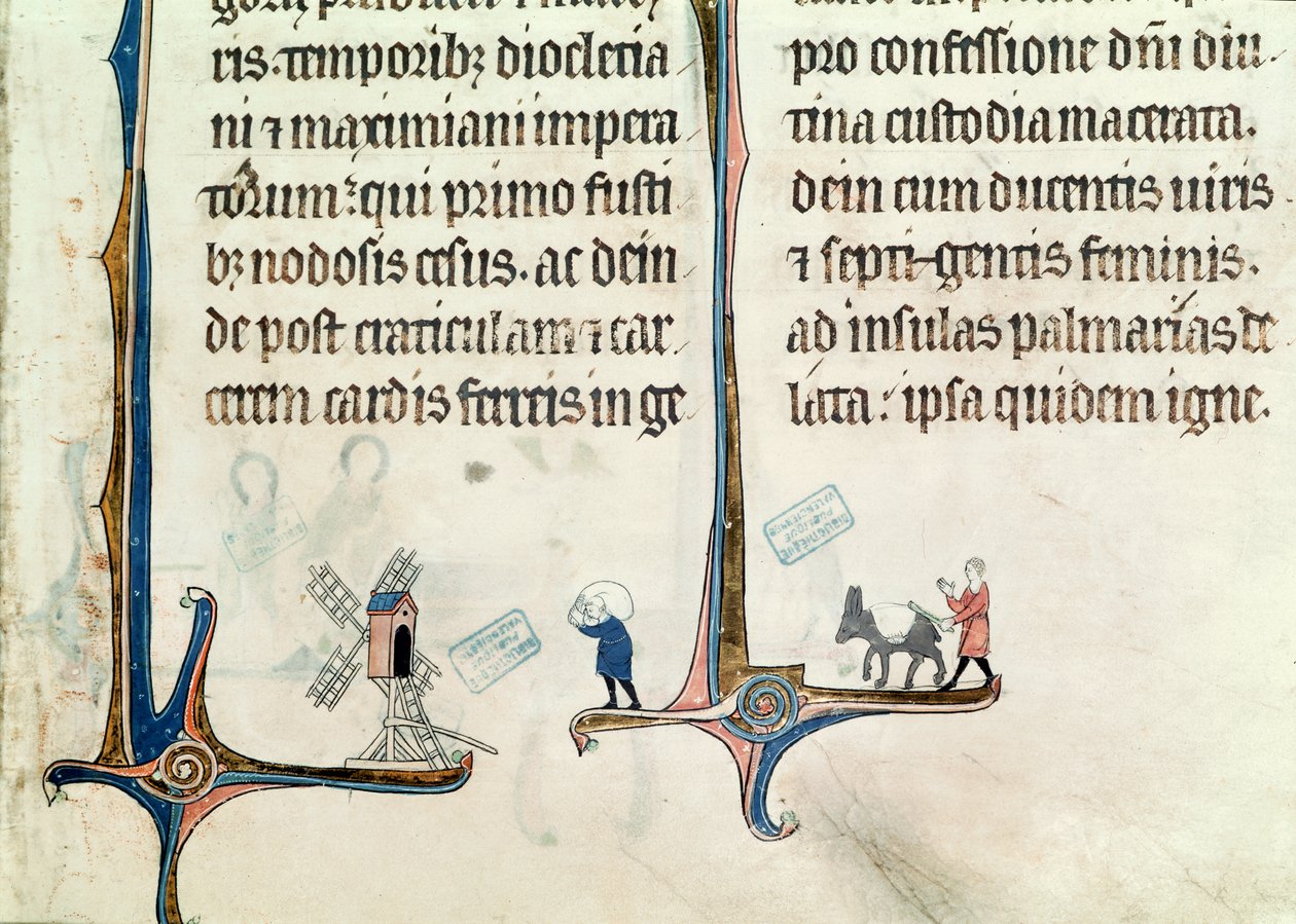 Ms 838 fol.55 Un uomo che guida il suo asino che trasporta sacchi di grano a un mulino a vento, dall