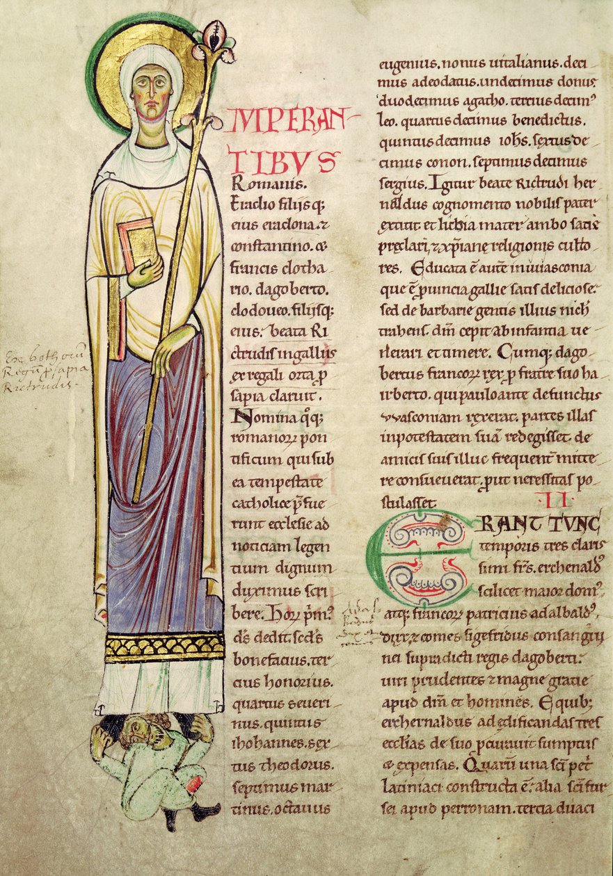 Ms 846 fol.137v Iniziale istoriate I raffigurante San Richrudius, da Recueil de Vie des Saints da French School