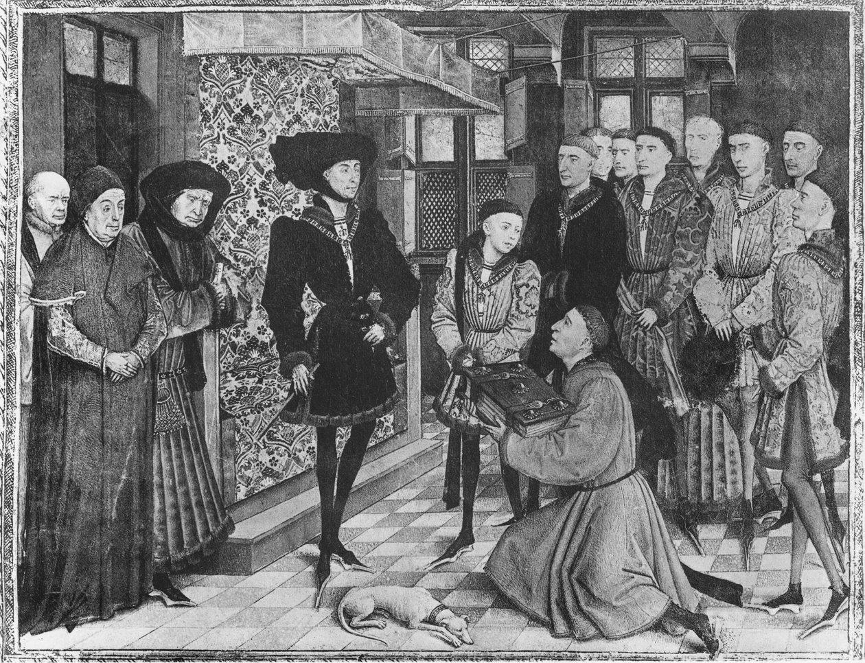Cronache di Hainaut, Filippo il Buono, Duca di Borgogna, presentato con la traduzione delle Cronache di Jean Vauquelin, Carlo il Temerario da bambino alla sua sinistra da French School