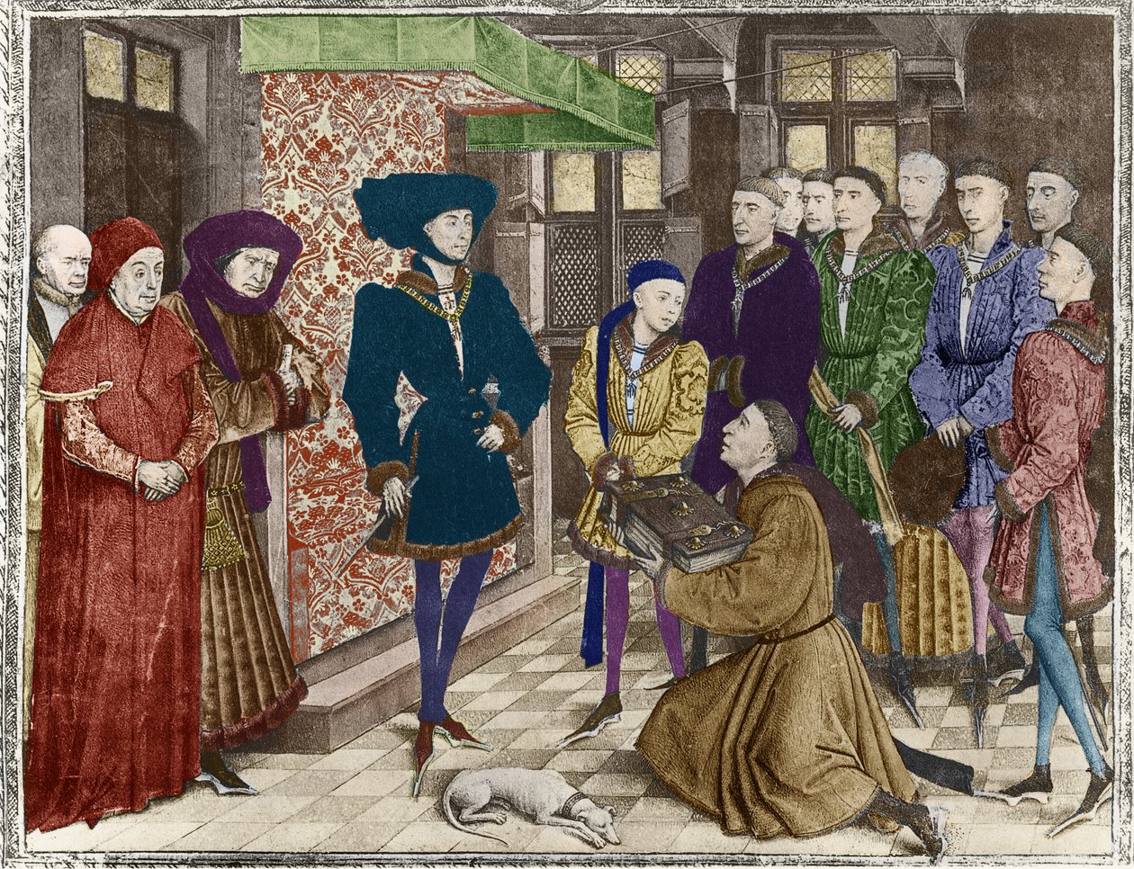 Ms 9242 Cronache di Hainaut, Filippo il Buono, Duca di Borgogna, presentato con la traduzione delle Cronache di Jean Vauquelin, Carlo il Temerario da bambino alla sua sinistra (colorazione successiva) da French School