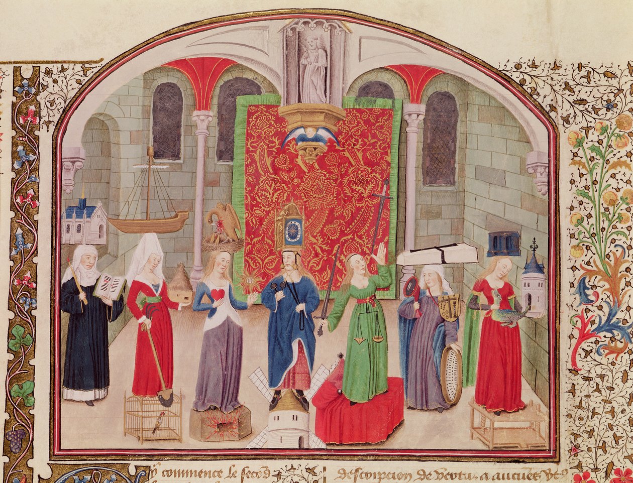 Ms 927 Fol.17v Virtù Teologiche e Cardinali, da Etica, Politica ed Economia di Aristotele (384-322 a.C.) da French School