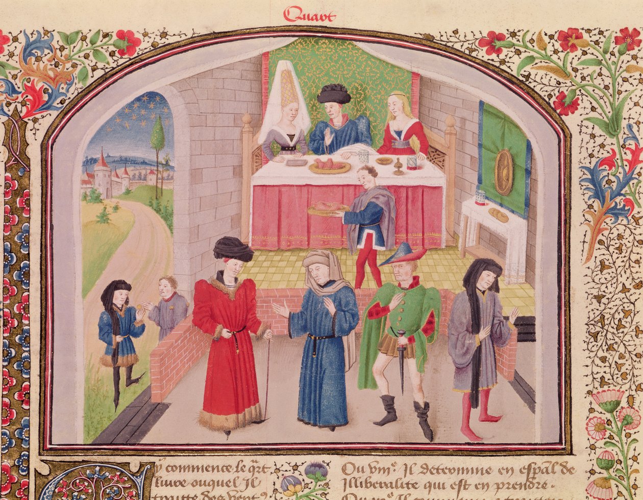 Ms 927 Fol.52v Prodiga, Liberalità e Avidità, da Etica, Politica ed Economia di Aristotele (384-322 a.C.) da French School