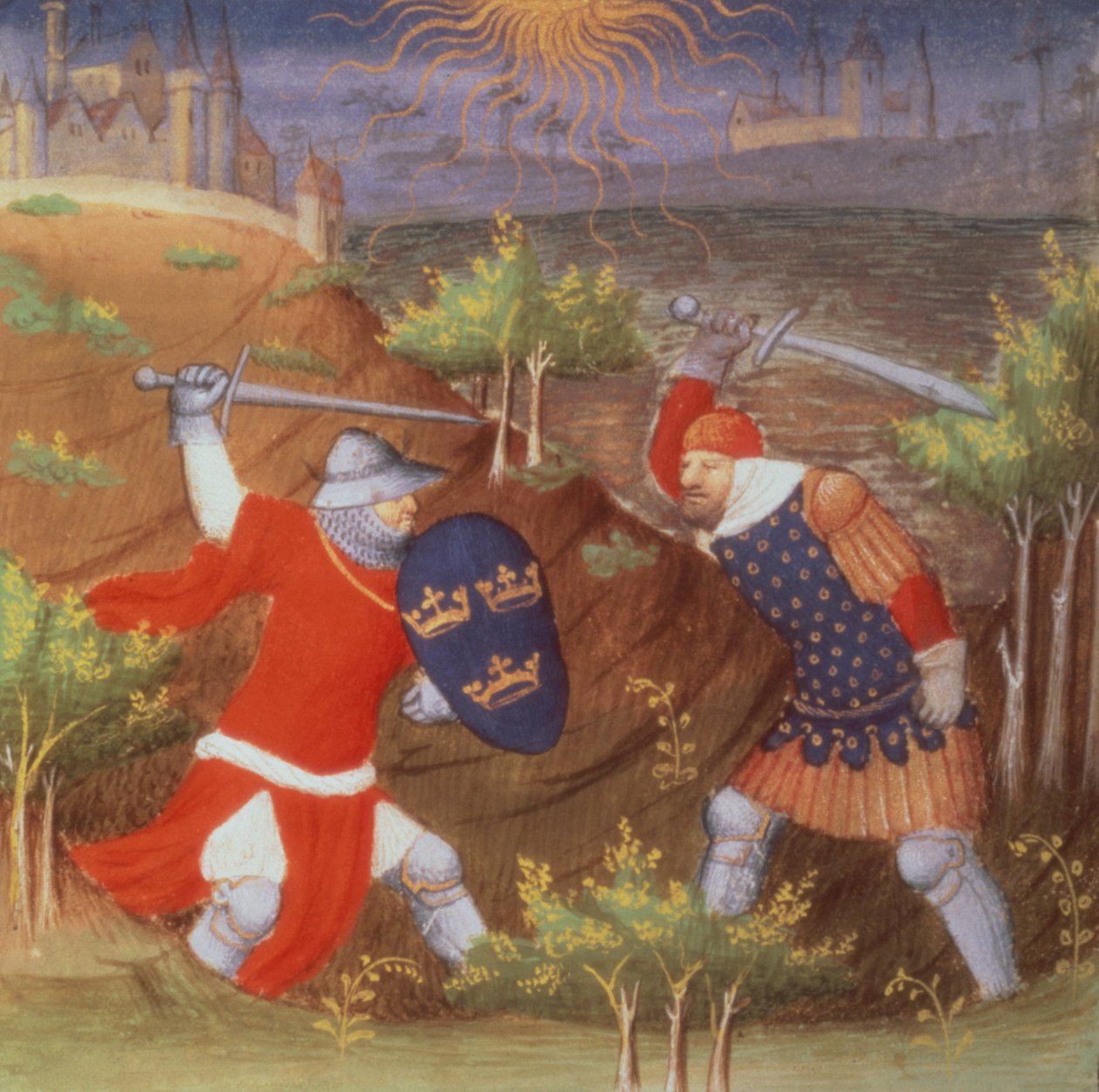 Re Artù combatte un generale romano, da un manoscritto di Histories, del Maestro di Boucicaut da French School