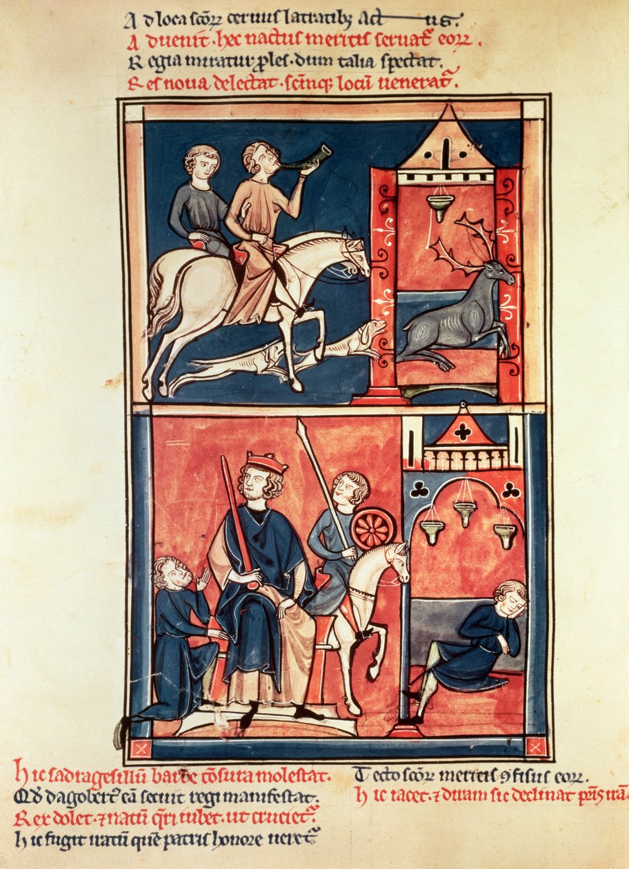 Una caccia al cervo e un re, possibilmente Dagoberto I (632-39) sul suo trono, dalla Vita e Miracoli di San Dionigi da French School