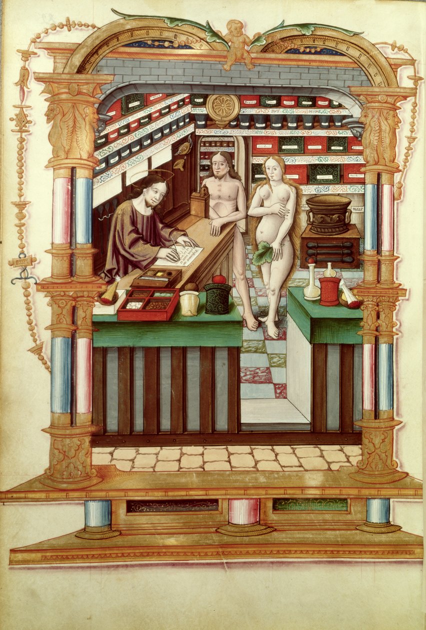 Ms Fr 1537 Cristo il farmacista con Adamo ed Eva, da Chants royaux sur la Conception couronnee du Puy de Rouen da French School