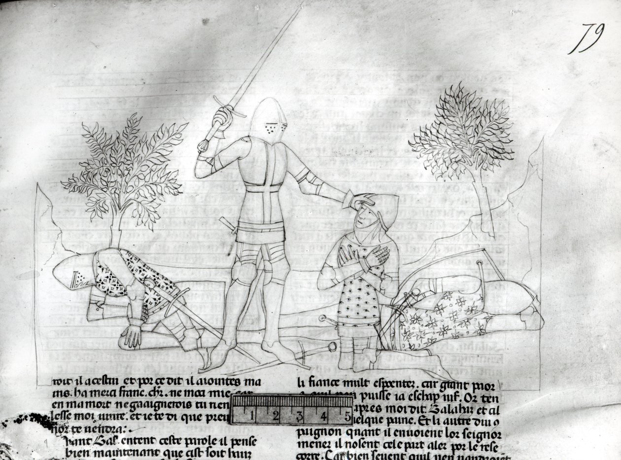 Ms Fr 343 f.79 Armare un cavaliere su un campo di battaglia, da Lancillotto del Lago da French School