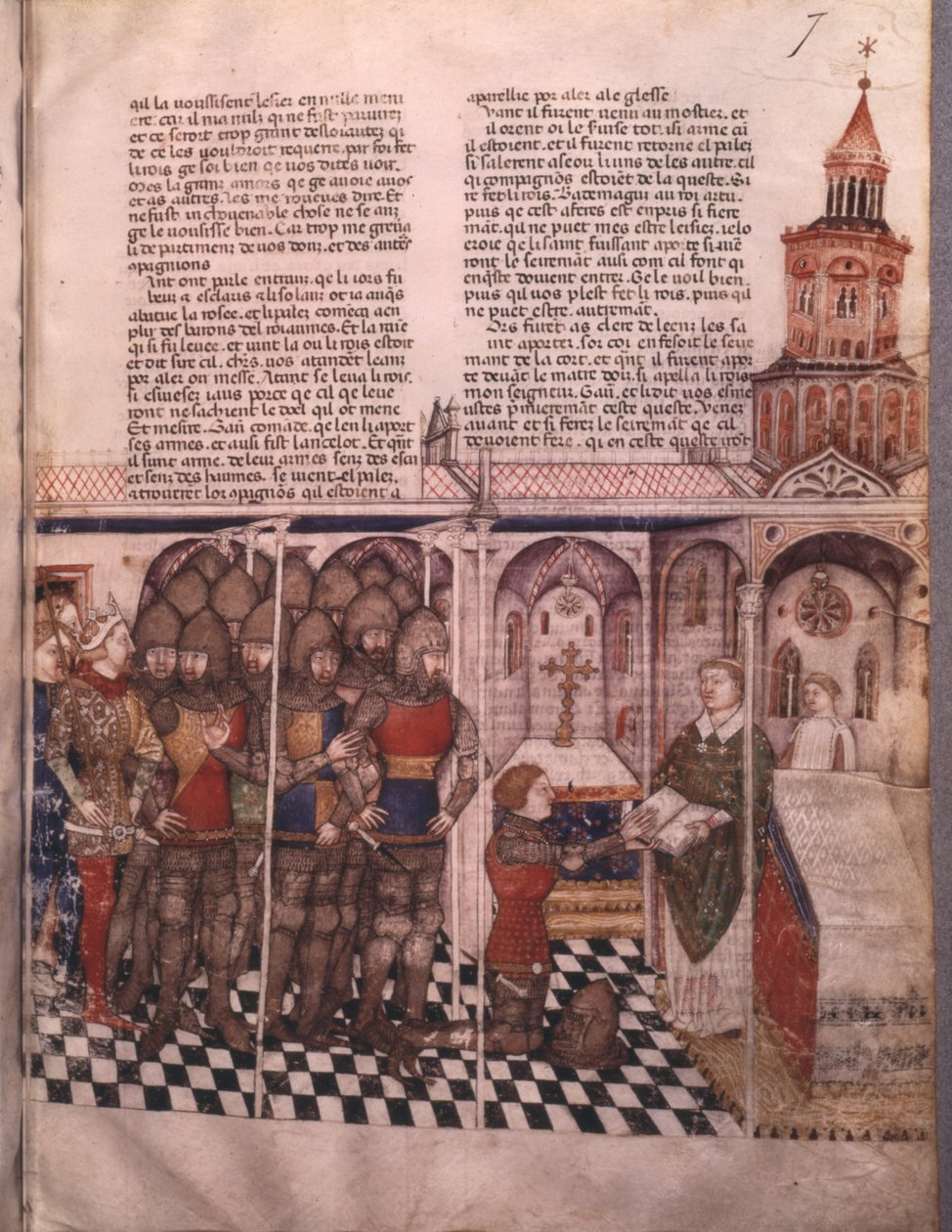 Ms Fr 343 fol. 7 La ricerca del Santo Graal e la morte di Artù, cavaliere che presta giuramento da French School