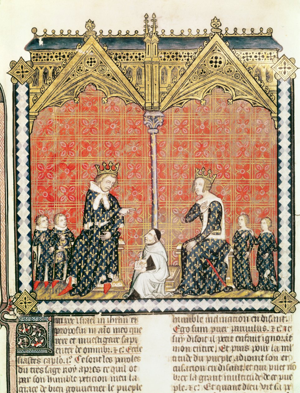 Re Carlo V (1338-80) e Jeanne de Bourbon (1338-77) con i loro figli, dal Rational des divins offices di Guillaume Durand (1230-96) 1374 da French School