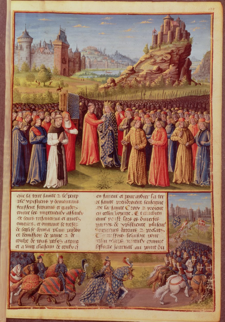 San Bernardo (c.1090-1153) di Clairvaux che predica la Seconda Crociata alla presenza del Re Luigi VII (c.1120-80) di Francia a Vézelay nel 1146, dai Passages faits Outremer da French School