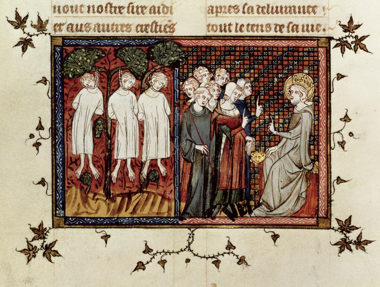 Ms Fr. 5716 fol.246 San Luigi che pronuncia giudizio e condanna Enguerrand de Coucy (1228-1311) per aver impiccato tre giovani nobili, dalla Vita e miracoli di San Luigi, c.1330-40 da French School
