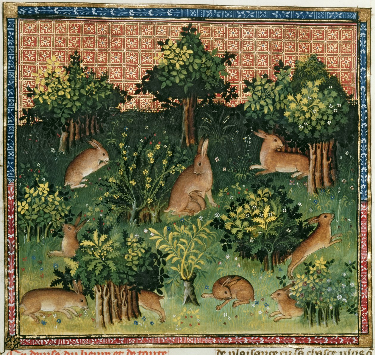 Lepri in un bosco, dal Livre de la Chasse di Gaston Phebus de Foix (1331-91) da French School