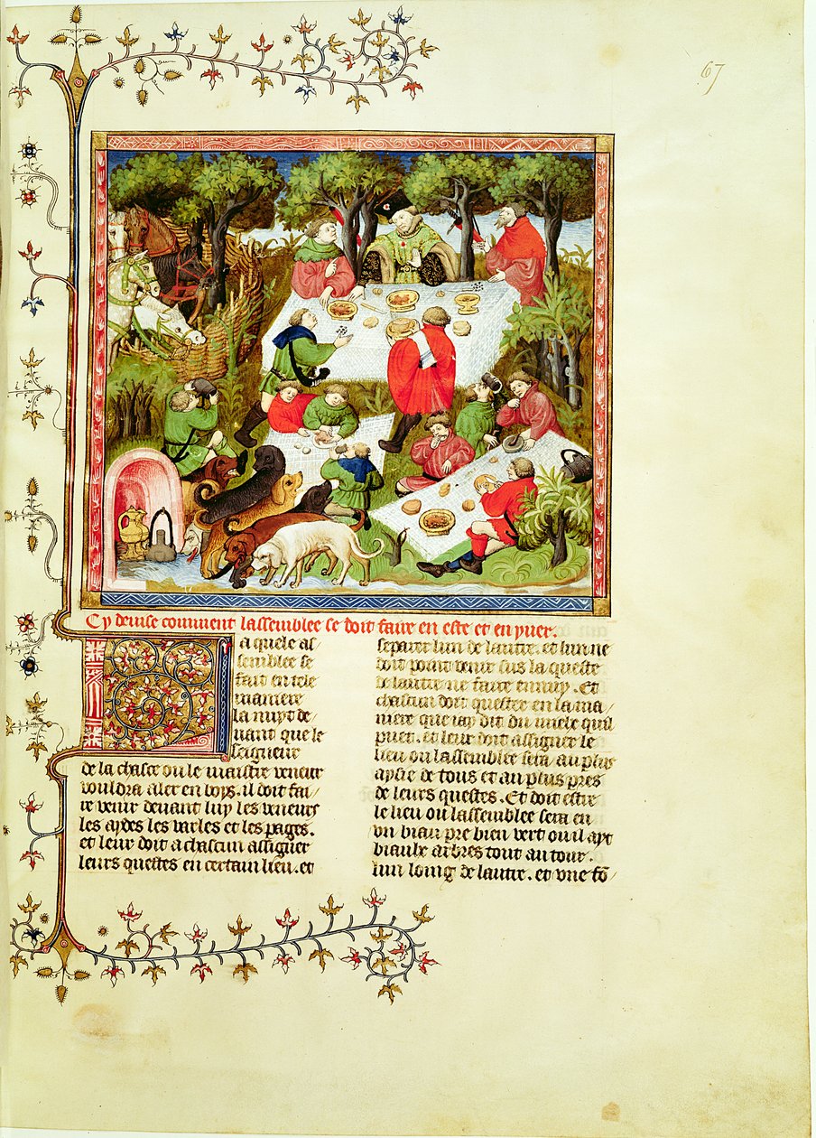 Cacciatori che banchettano prima della caccia al cervo, da Libro della Caccia di Gaston Phebus de Foix (1331-1391) da French School