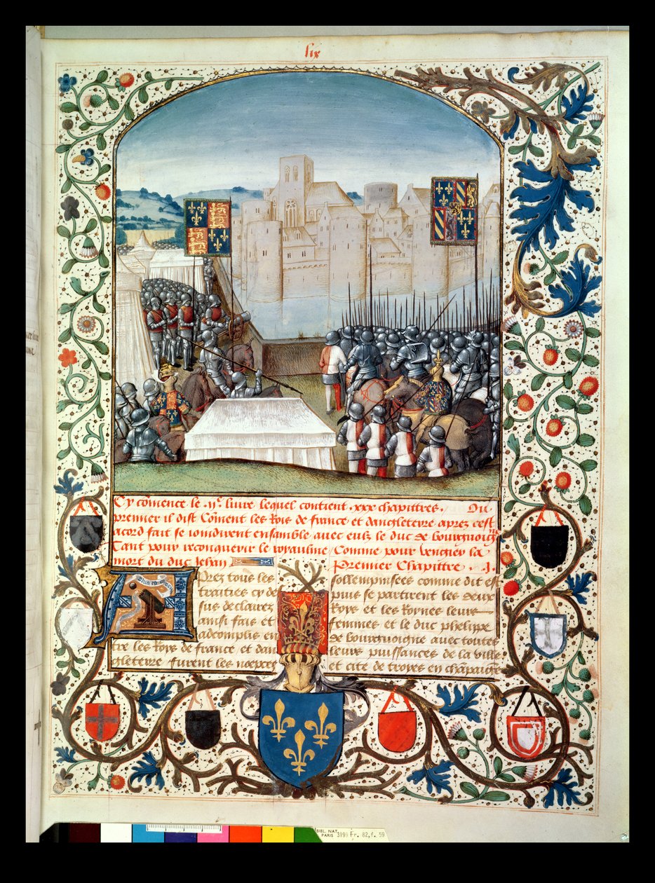 Ms Fr 82 Fol.59 Gli eserciti borgognoni e inglesi, da Anciennes Chroniques d