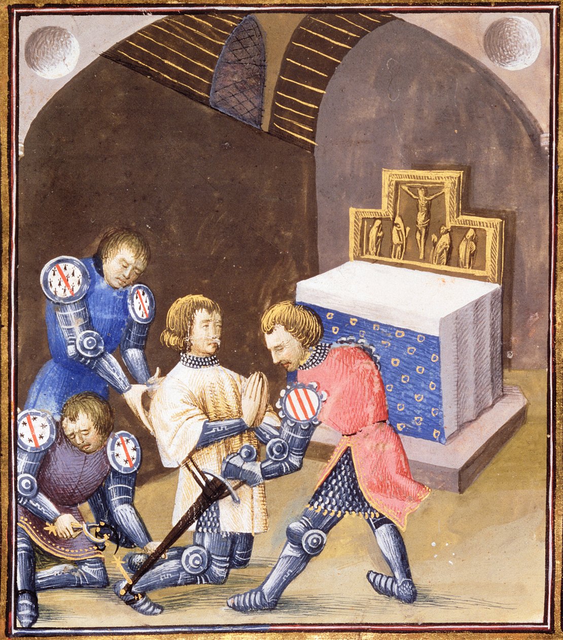 Galahad riceve una spada e speroni nel rituale della cavalleria prima di partire per la ricerca del Graal da French School