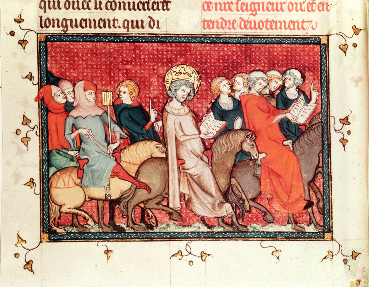 Ms Fr fol.48 Il re che detta le sue ore mentre cavalca, dalla Vita e Miracoli di San Luigi, c.1330-40 da French School