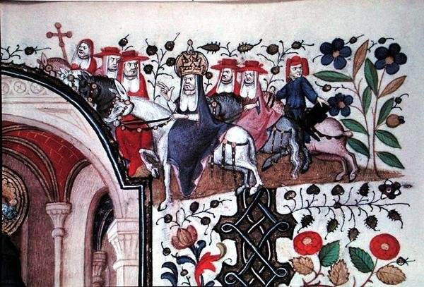Dettaglio del Papa sul suo mulo con il suo seguito, da un