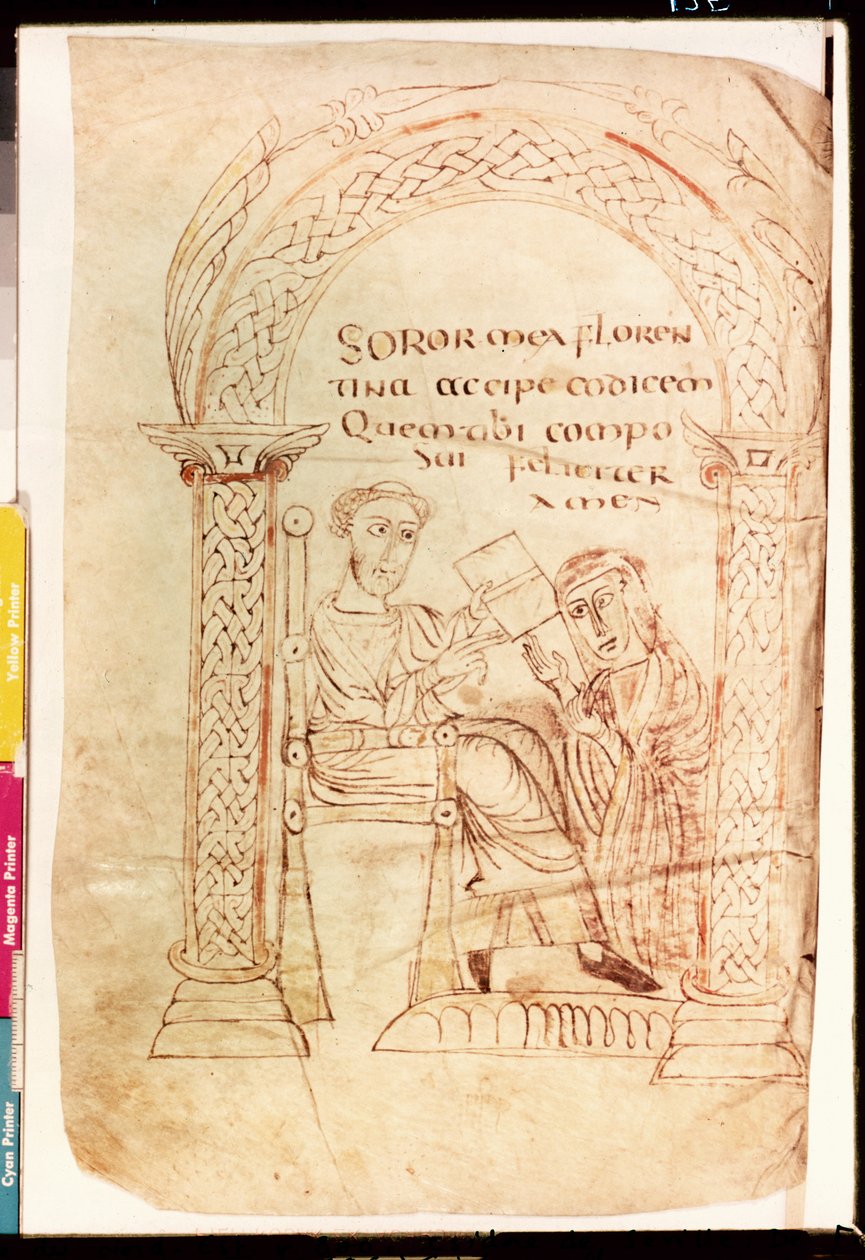Ms Lat 13396 Fol.1 Isidoro offre il suo lavoro a sua sorella Florentina, da De fide catholica ex Veteri et Novo Testamento contra Judaeos di Isidoro di Siviglia (c.560-636) c.800 da French School