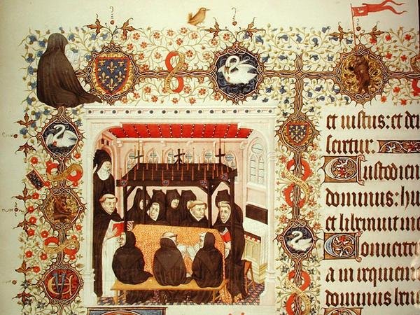 Lutto della Duchessa, con stemmi e dettagli animali, dalle Grandes Heures de Duc de Berry da French School