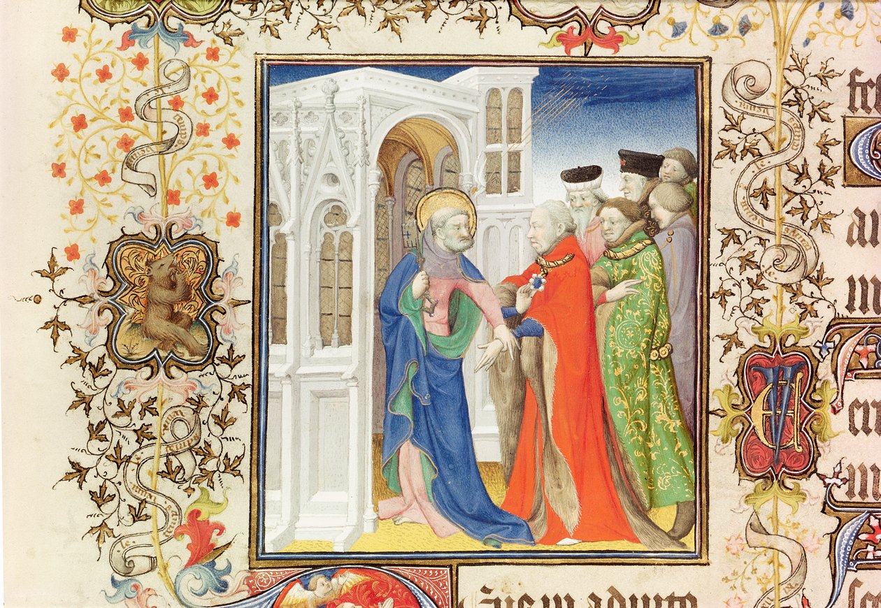 San Pietro guida Jean de France (1340-1416) Duca di Berry in Paradiso, dalle Grandes Heures de Duc de Berry, 1409 da French School