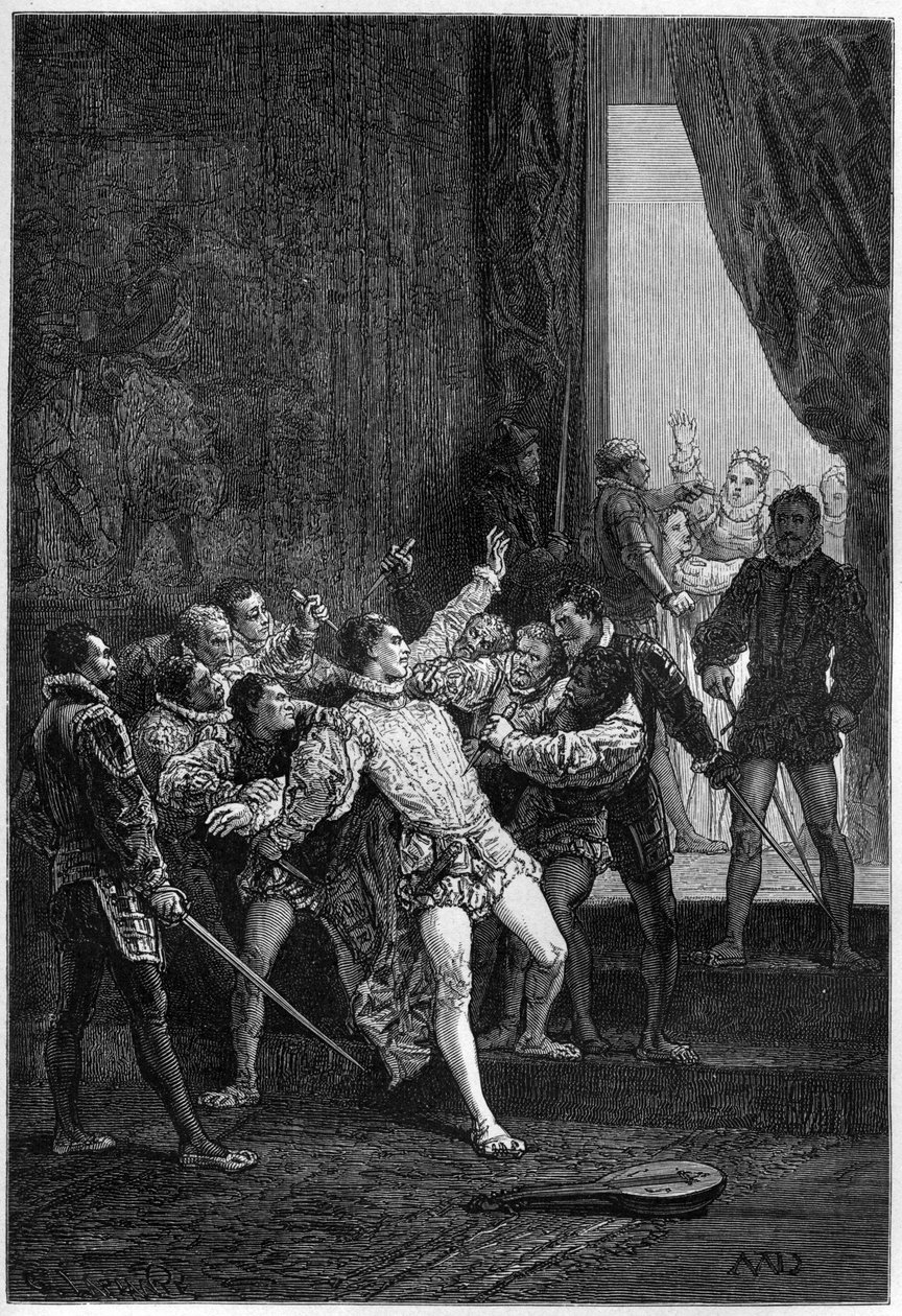 Assassinio di David Rizzio (Davide) alla presenza di Maria Stuarda (Maria I) (1542-1587) - incisione in "L