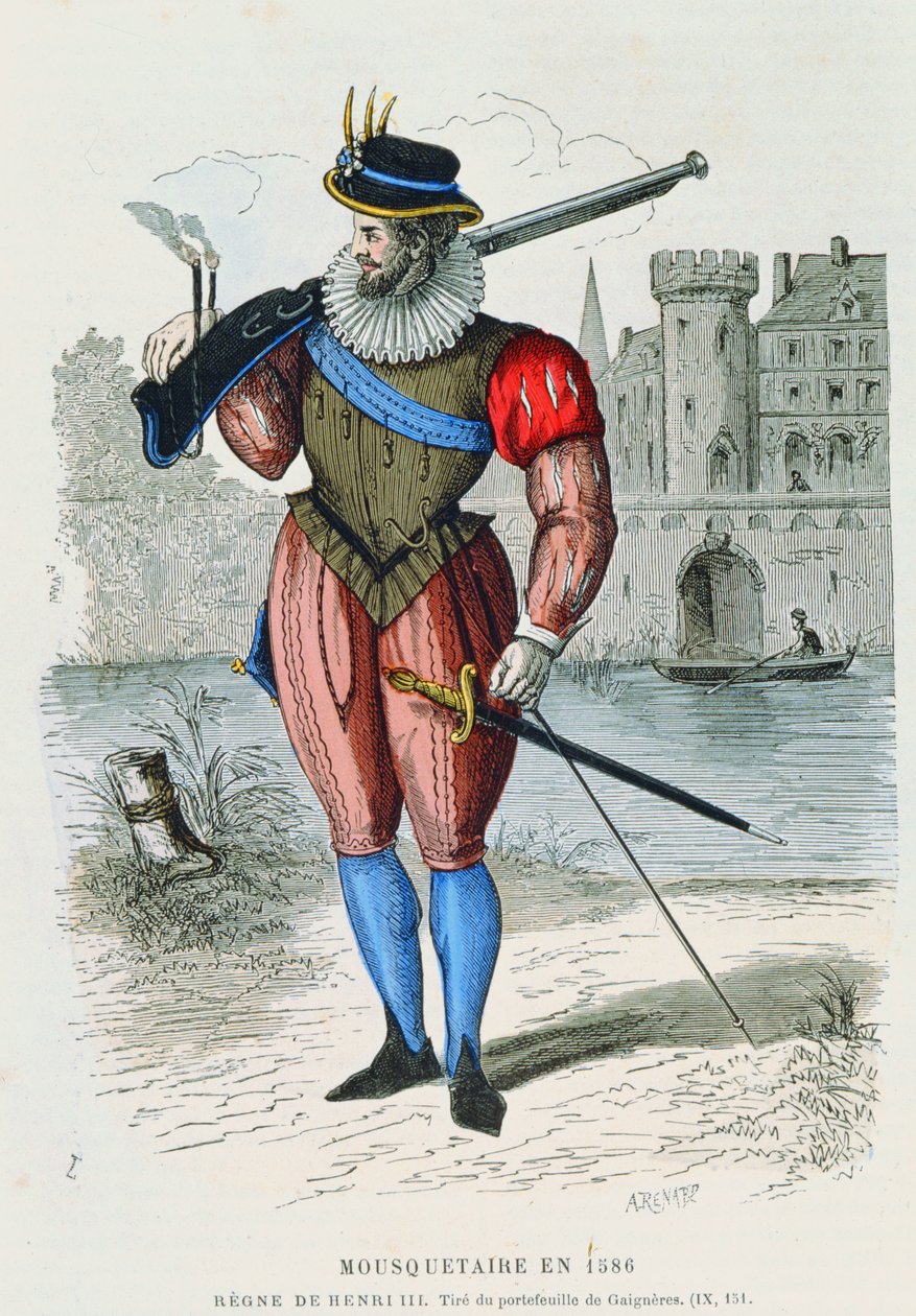 Moschettiere nel 1586, illustrazione da Costumes de Paris a travers les siecles di H. Gourdon de Genouillac, incisa da A. Renard da French School