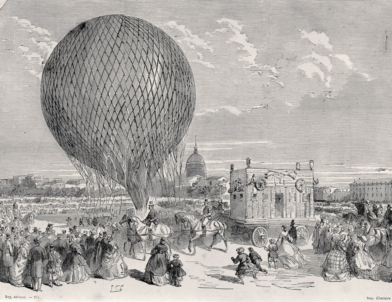 Il pallone di Nadar, Le Géant, preparato al Champ de Mars, Parigi per il suo primo volo il 4 ottobre 1863, illustrazione da Paris a Travers Les Siecles: Tome 5, 1889 da French School