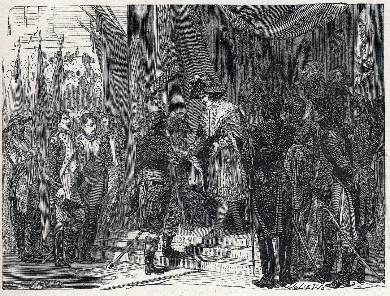 Napoleone Bonaparte (1769-1821) consegna il trattato di Campoformio al membro del Direttorio il 10 dicembre 1797. Questo trattato tra Francia e Austria segna la fine della Prima Coalizione da French School