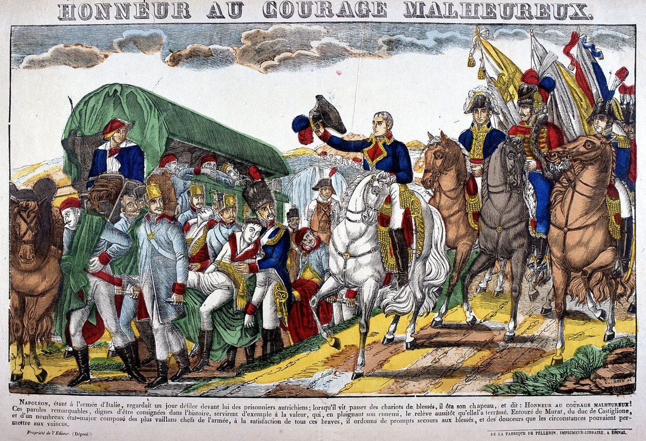 Napoleone I si toglie il cappello davanti a un convoglio di feriti ed esclama "Onore al coraggio sfortunato!" Immagine di Epinal da French School