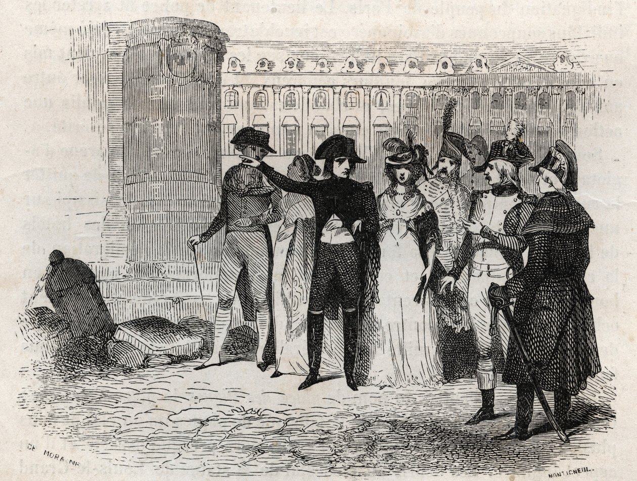 Napoleone passeggia con Madame Tallien, nata Theresa Cabarrus, Principessa di Caraman, Principessa di Caraman Chimay (1773-1835) a Place Vendome a Parigi - incisione in 