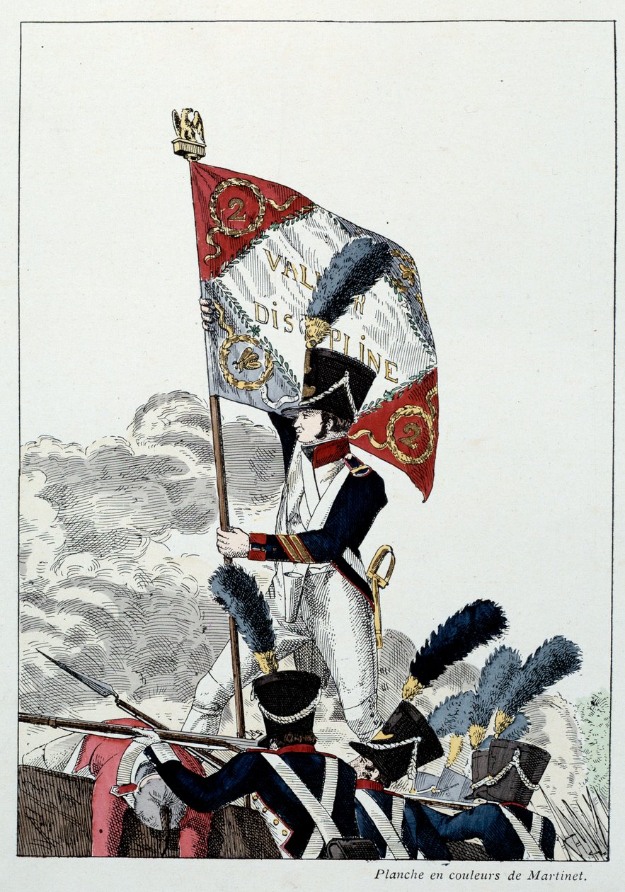 Armata napoleonica: Fanteria di linea. Sergente maggiore che pianta la sua aquila su un terrore che è stato drasticamente spazzato via. Incisione di Martinet (19° secolo) 1808. Malmaison, Museo del Castello. da French School