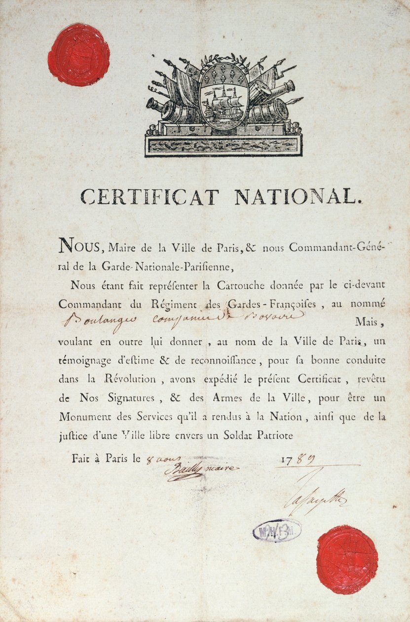 Certificato nazionale di buon comportamento durante la Rivoluzione francese, 8 agosto 1789 a Parigi da French School