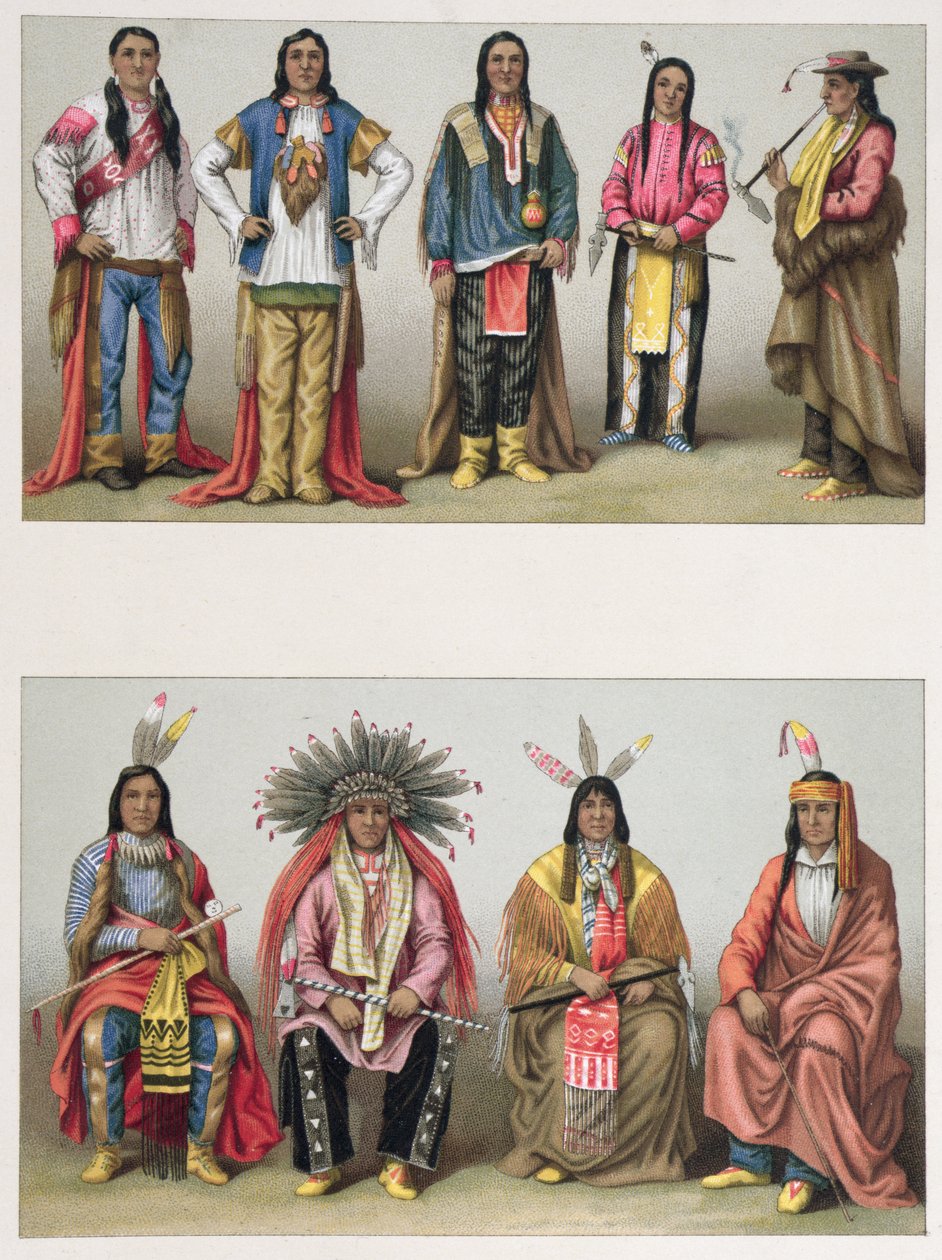 Nativi americani del bacino del Mississippi e del Colorado, illustrazione da Le Costume Historique di A. Racinet, pubblicato a Parigi nel 1888 da French School