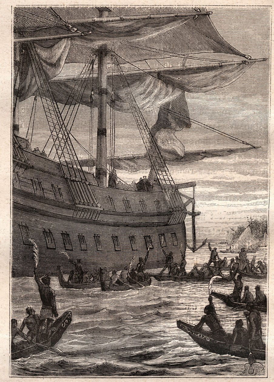 Indigeni tengono in mano rami di banano: il viaggio di Samuel Wallis (1728-1795) in Polinesia - illustrazione tratta da 
