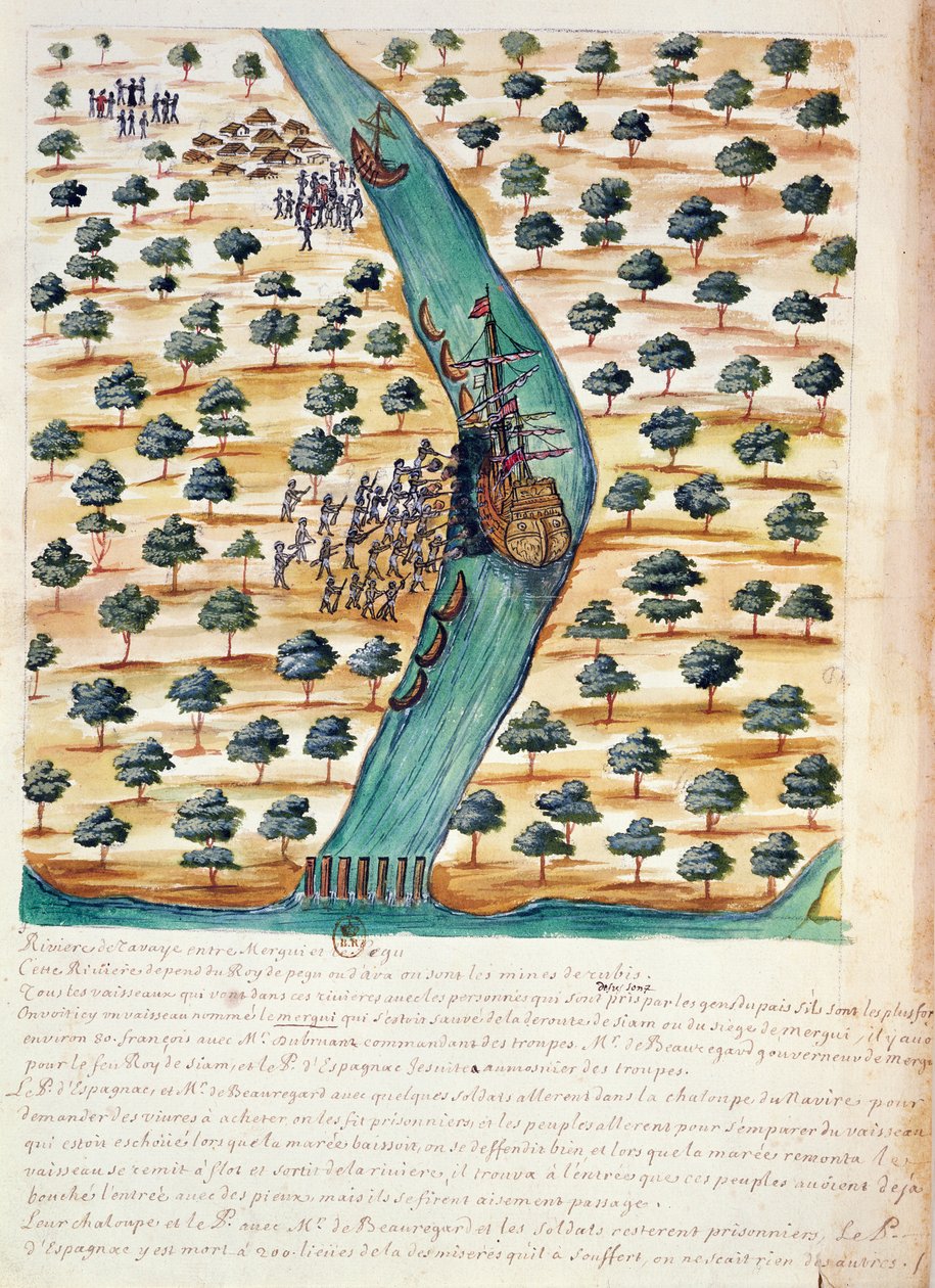 Nativi che attaccano navi francesi sul fiume Tavoy, da un resoconto dei gesuiti in Siam, 1688 da French School