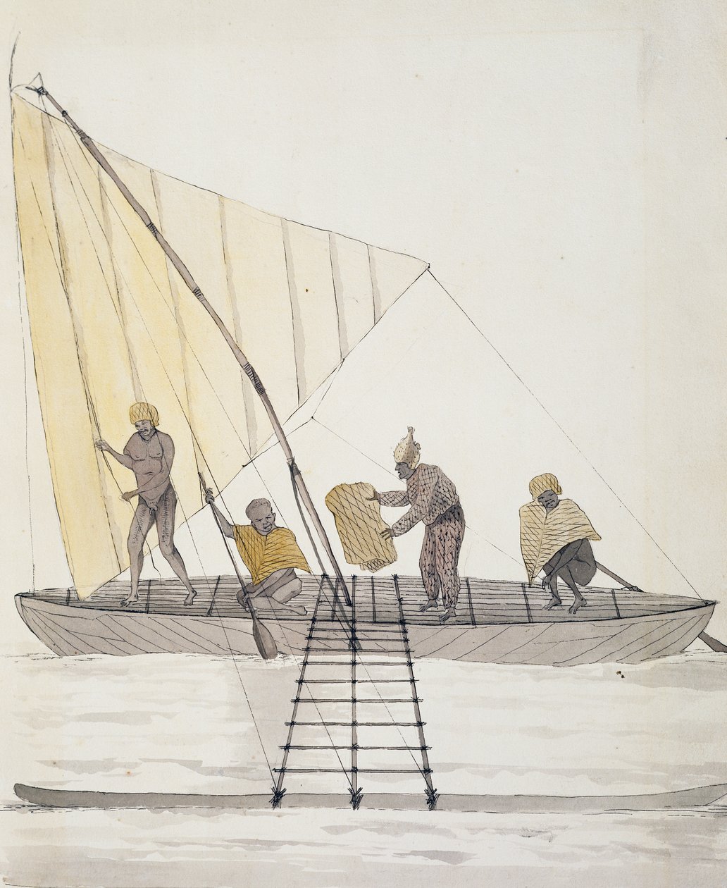 Indigeni delle Isole Basse e canoa a vela bilanciata, acquerello di Jules-Louis Lejeune, dal viaggio di Duperrey da French School