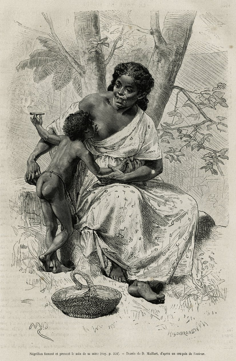 Negillon che fuma e prende il seno di sua madre, nella regione del Darien (Panama orientale), incisione da un disegno di D.Maillart, per illustrare la storia Esplorazione agli istmi di Panama e Darien, di A. Reclus, tenente di nave, dal 1876 al 1878 da French School
