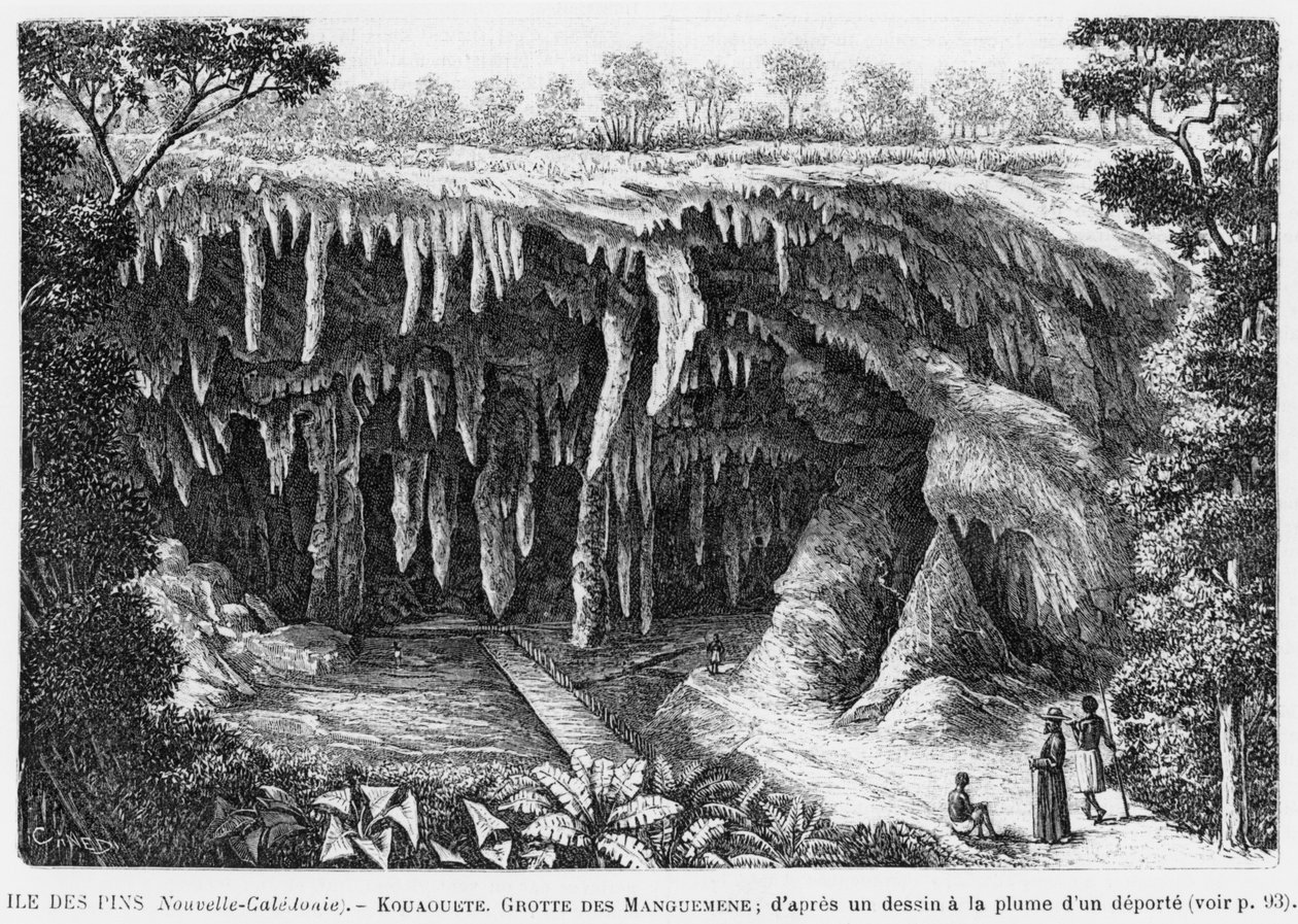 Nuova Caledonia, Isola dei Pini, Kouaouete, grotta di Manguemene, illustrazione dal bollettino Les Missions Catholiques, dopo un disegno a penna e inchiostro di un deportato, 1893 da French School