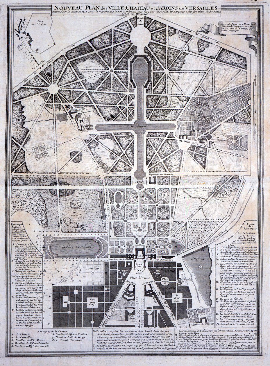 Nuovo piano della città, castello e giardini di Versailles, 1714, da Les Plans, Profils et Elevations des Villes et Chateau de Versailles, pubblicato c.1715 da French School