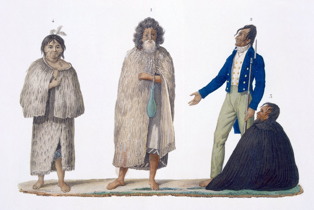 Indigeni della Nuova Zelanda in abiti indigeni e occidentali, 1826 da French School