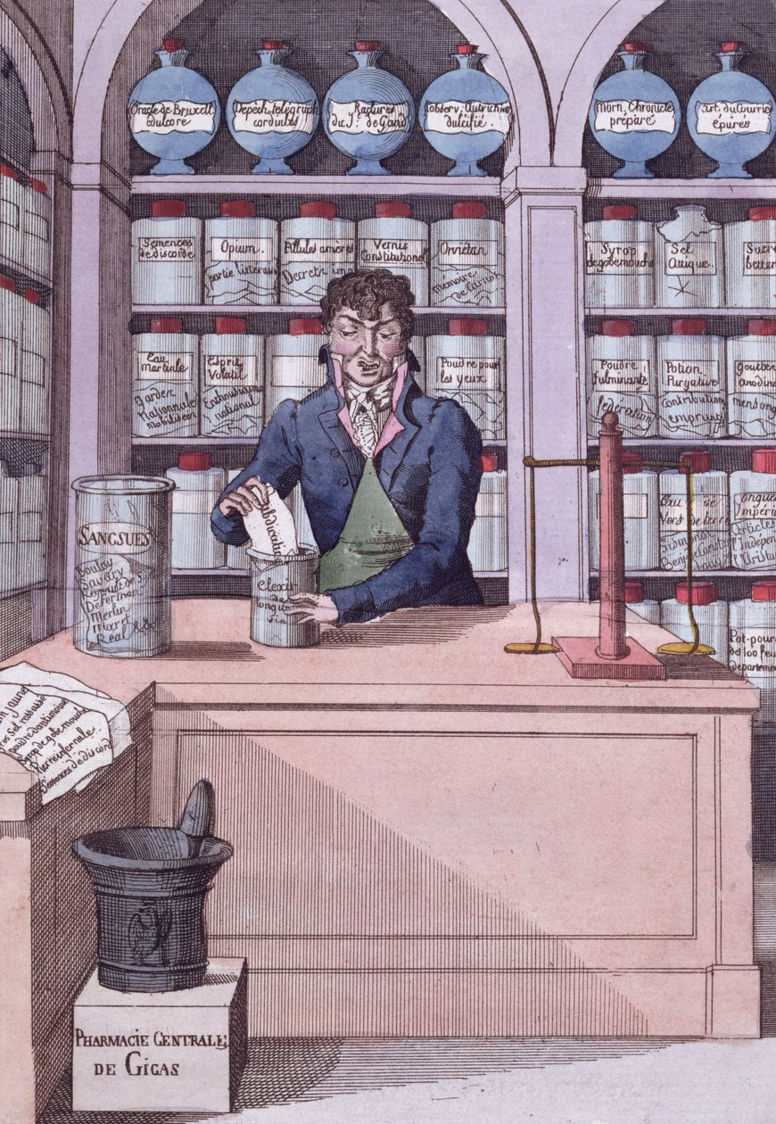Dispensario di giornali sotto Napoleone, o il Chimico Accademico, vignetta che raffigura la stampa schiacciata da Napoleone da French School