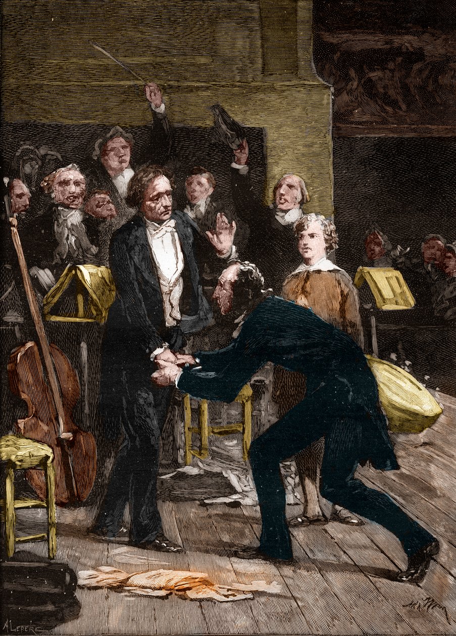 Niccolò Paganini e Hector Berlioz, dopo una fantastica esibizione di una sinfonia da French School