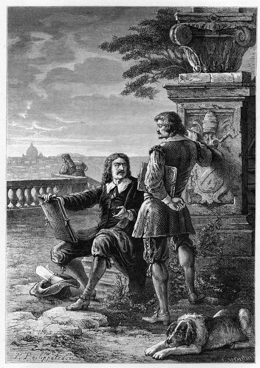 Nicolas Poussin (1594-1665), pittore francese, con Claude Gellée, detto il Lorrain (1600-1682) a Roma (Trinità dei Monti) incisione da "La storia di Francia raccontata ai miei nipoti" - di François Guizot - 1872-1876 da French School