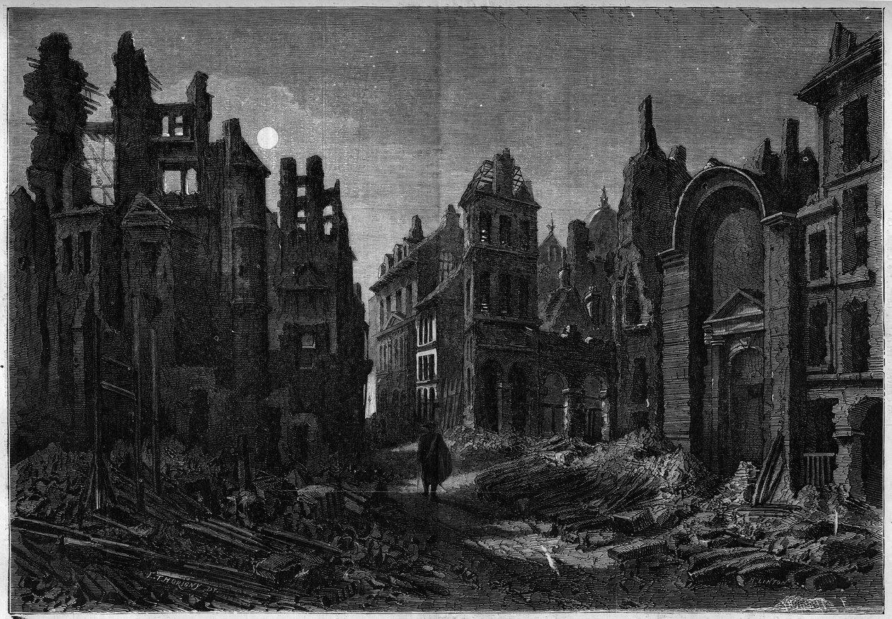 Veduta notturna delle rovine del Quartiere Latino a Parigi da French School