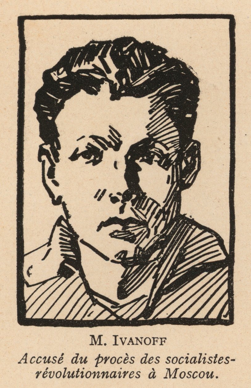 Nikolai Ivanov, politico rivoluzionario socialista russo che fu uno degli imputati nel processo di Mosca del 1922 contro i rivoluzionari socialisti, il primo processo show sovietico (litho) da French School