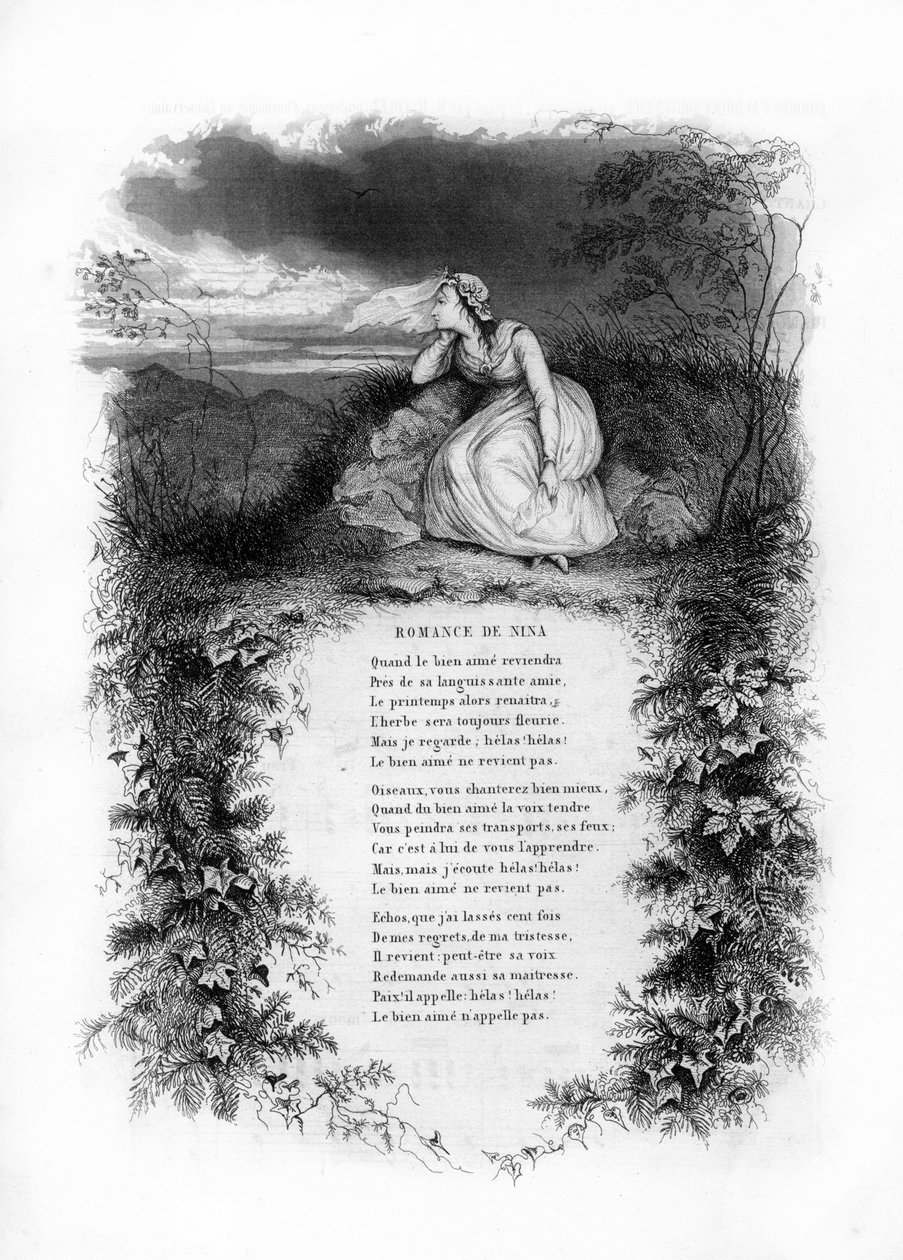 La storia di Nina. Una donna solitaria in abito da sposa sul bordo di una strada di campagna. Incisione in "Chants et chansons populaire de la France", Tome 2 da French School