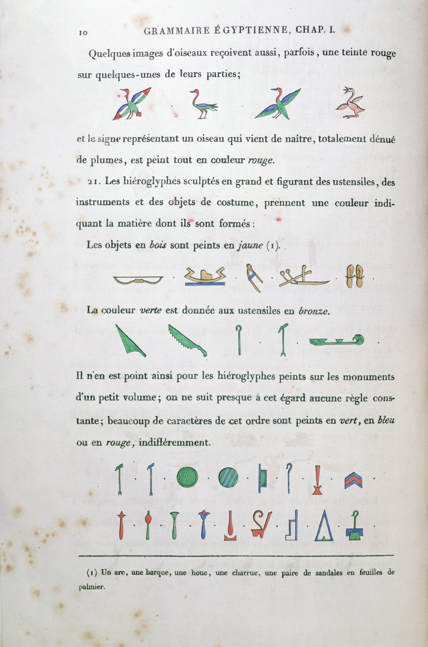 Note sulla colorazione di alcuni geroglifici, da Grammaire Egyptienne di Jean Francois Champollion (1790-1832) 1836 da French School